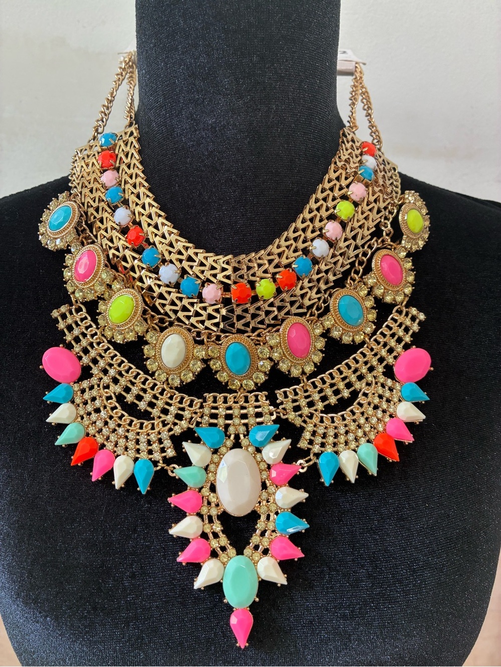 Multi-Color Statement Bib Necklace - Gold Tone Women Jewelry